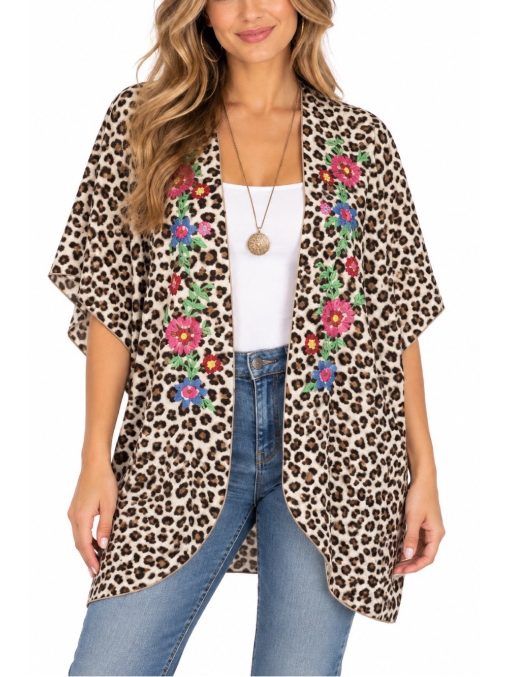 Hesed Leopard Print Floral Embroidered Kimono Shawl- Large